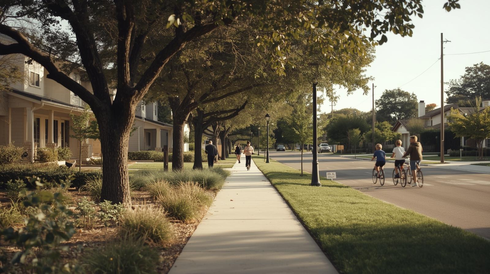 San Antonio suburban neighborhood lifestyle with sidewalks, green space, and family-friendly surroundings