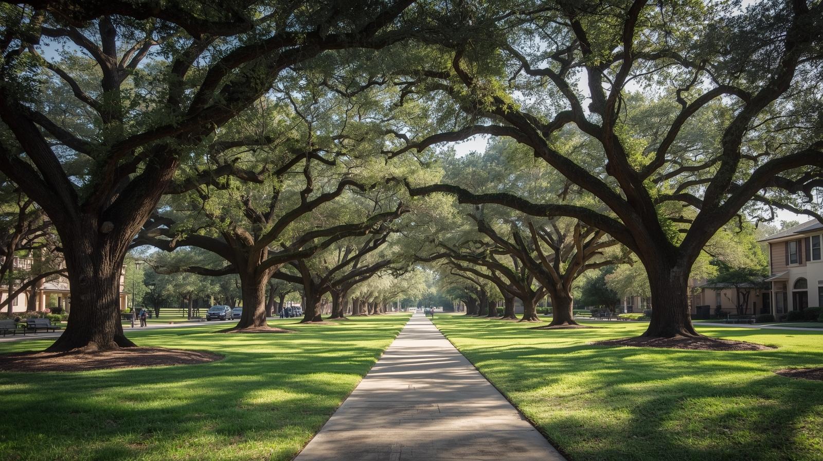 Green outdoor space near Alamo Heights, Texas with mature trees, walking paths, and peaceful neighborhood scenery