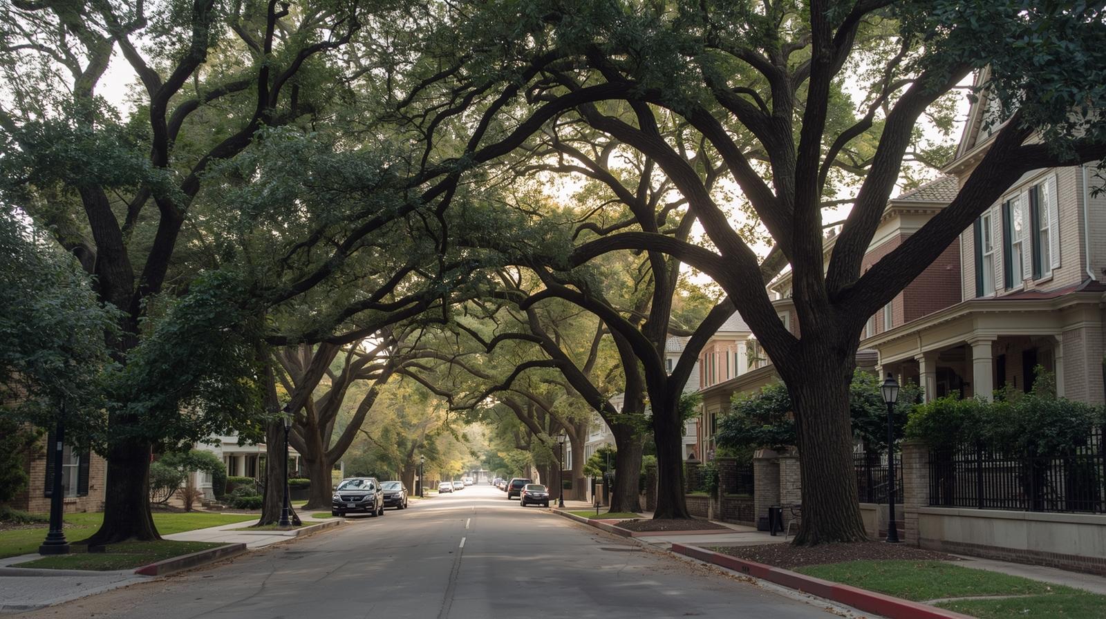 Historic tree-lined street in Alamo Heights, Texas showing classic homes and walkable neighborhood charm near San Antonio