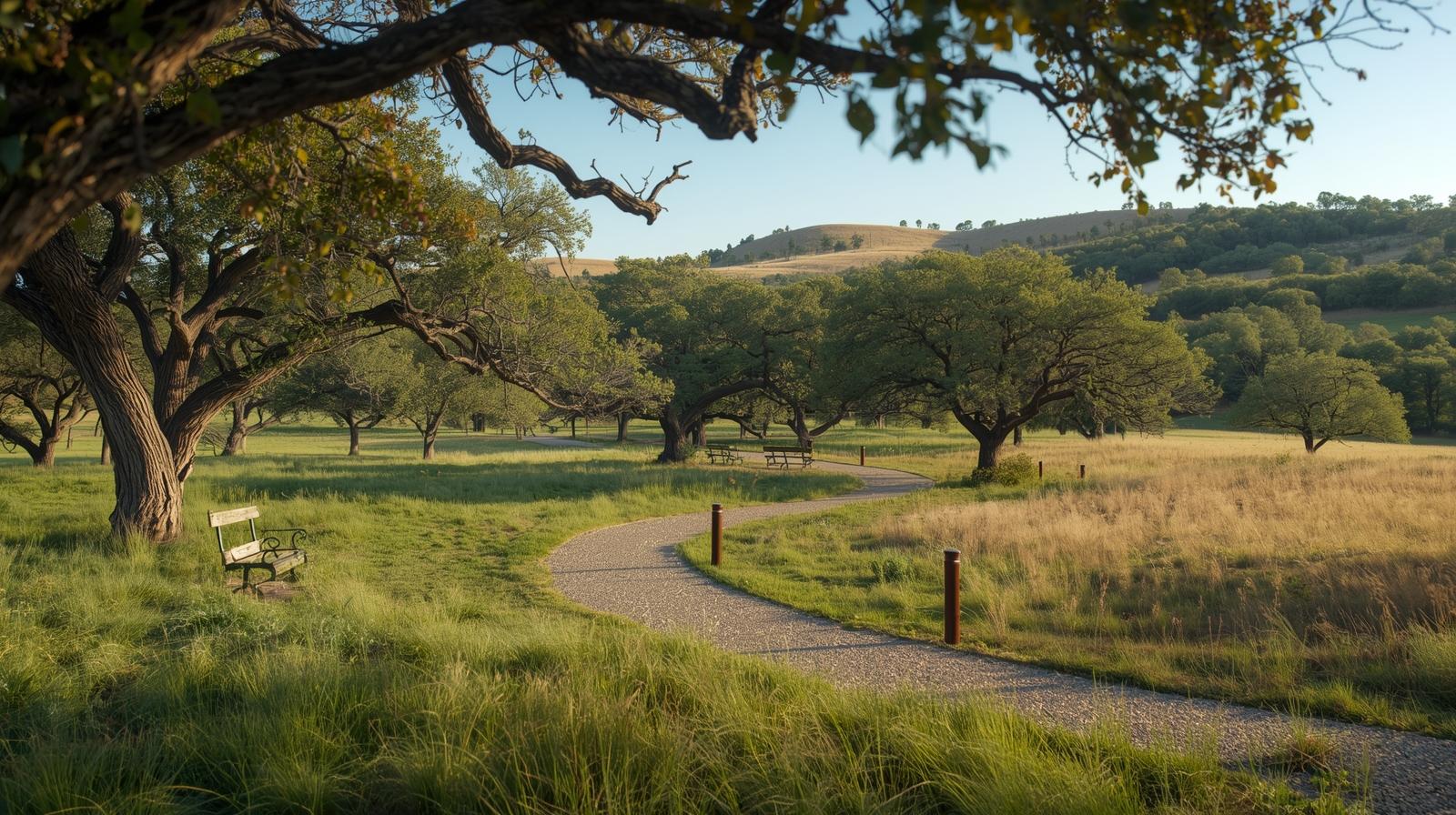 Outdoor living in Bulverde Texas with walking trails, oak trees, and Hill Country scenery