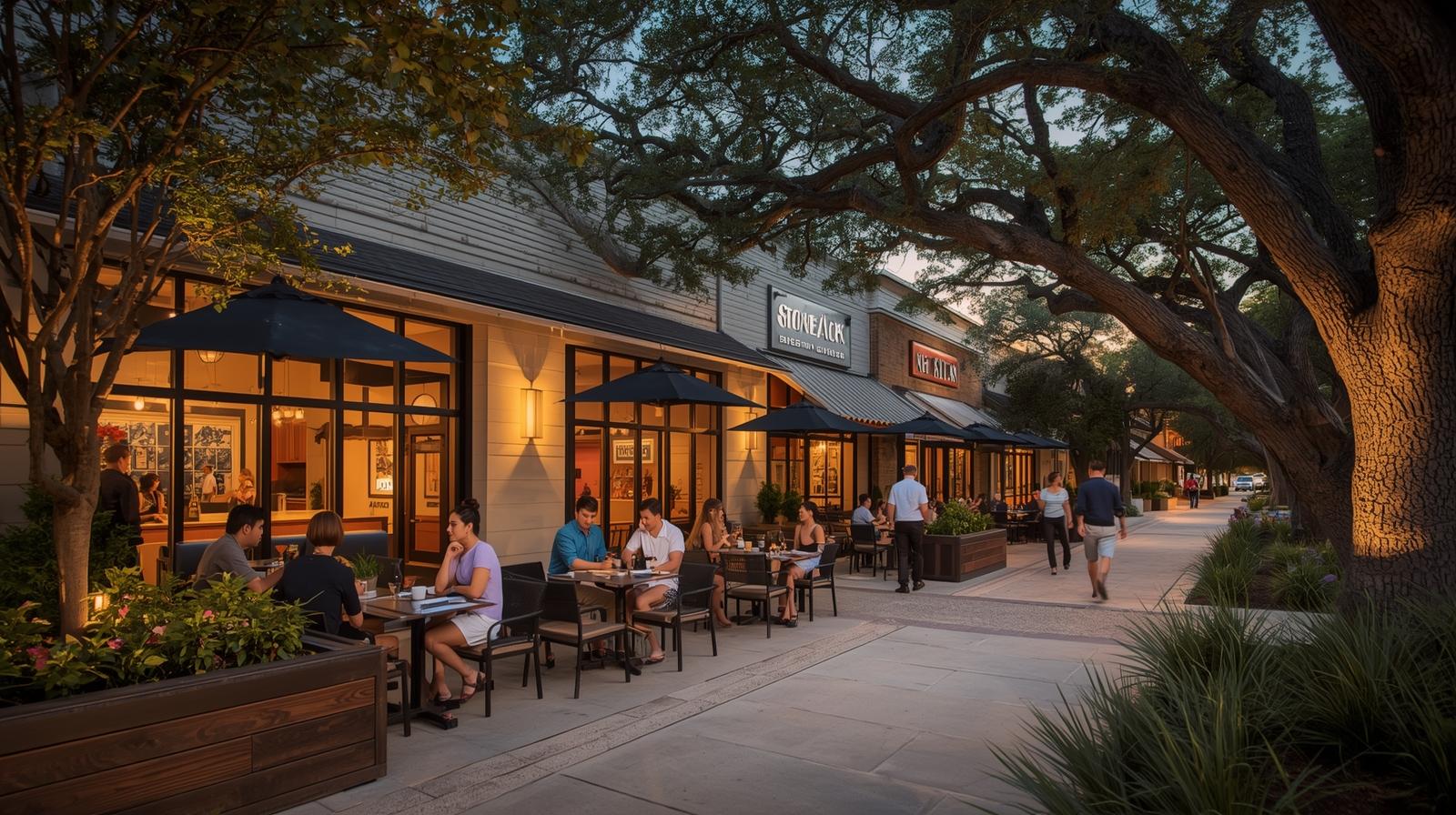Shopping and dining in Stone Oak San Antonio with restaurants and retail surrounded by mature trees