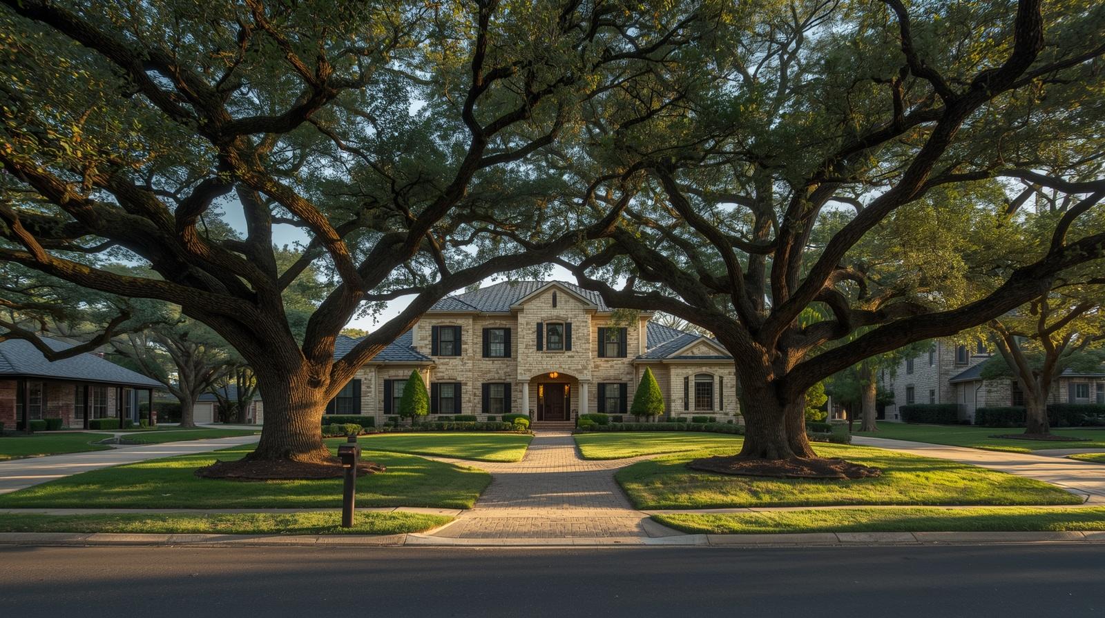 Luxury Hill Country home in Fair Oaks Ranch Texas with limestone exterior and mature oak trees