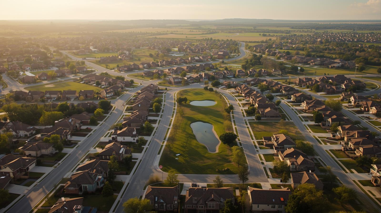 Aerial view of a residential neighborhood near JBSA Randolph in the northeast San Antonio area showing family homes and tree-lined streets